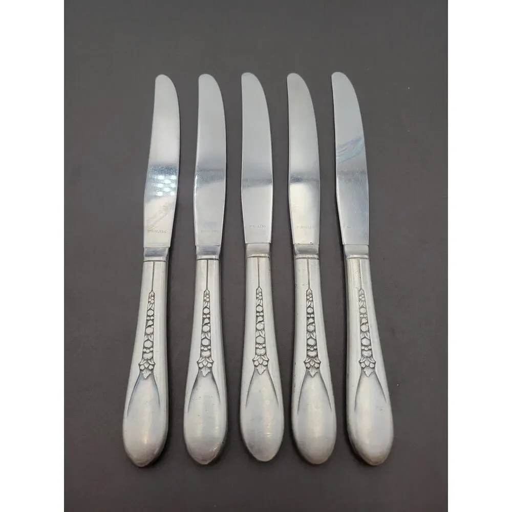 WM Rogers Mfg Set 5 Dinner Knives PRISCILLA LADY ANN Silverplate Flatware Vtg